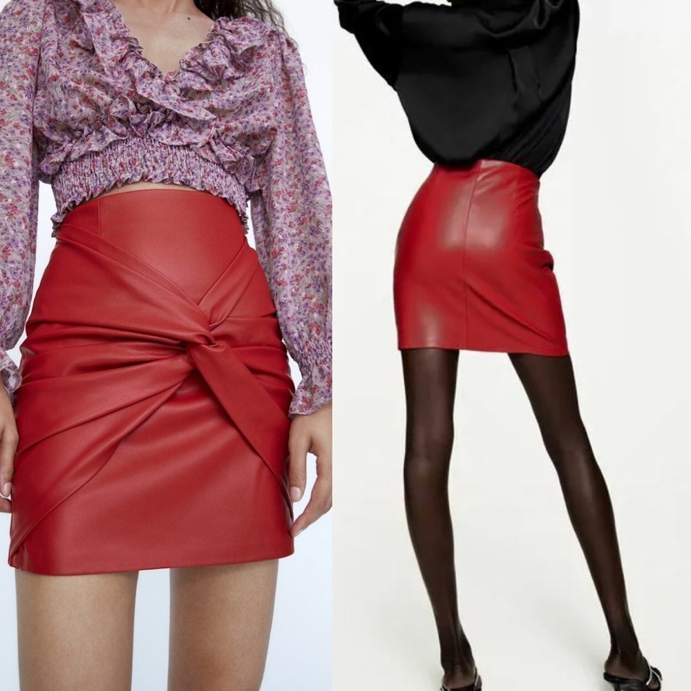 ZARA Faux Leather Red Knot Front Mini Skirt size L